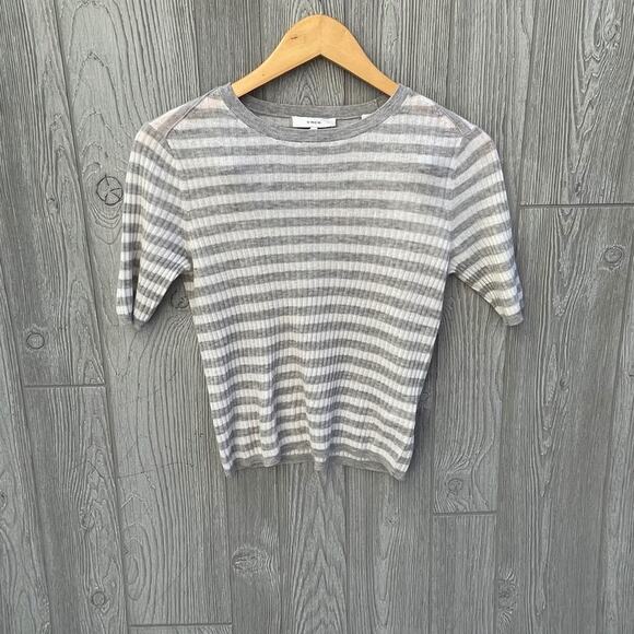 Vince Stripe Rib Cashmere Sweater  GREY/OFF WHITE - Picture 2 of 9